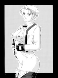 1girl ass bow bowtie breasts breasts_out earrings female_focus formal_clothes gloves highres jewelry king_(snk) leather leather_gloves long_sleeves looking_at_viewer medium_breasts nipples open_clothes pale_skin pants saigado shirt short_hair standing suit the_king_of_fighters thighs tuxedo undressing white_shirt