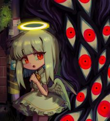 angel angel_wings blue_hair colored_inner_hair commentary cowboy_shot dress english_commentary extra_eyes feathered_wings grey_dress grey_hair grey_wings halo highres long_hair looking_at_viewer monster multicolored_hair original outdoors red_eyes satanmanse solo wings