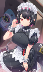 1girl 1other alternate_breast_size applying_manicure apron black_dress black_hair breasts chain dress ellen_joe fins fish_tail frilled_apron frilled_hairband frills hair_ornament hairband highres kagayaku_(mottokrkr) large_breasts looking_at_viewer maid maid_apron maid_headdress mole mole_under_eye nail_polish puffy_short_sleeves puffy_sleeves red_eyes red_nails shark_girl shark_tail sharkboo_(zenless_zone_zero) short_hair short_sleeves tail waist_apron white_apron zenless_zone_zero