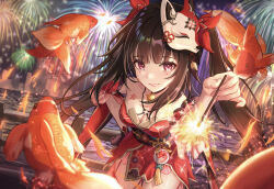 1girl :d absurdres bell black_choker black_gloves breasts brown_hair chest_tattoo chinese_commentary choker cleavage commentary_request cowboy_shot criss-cross_halter detached_sleeves dress fireworks fish gloves goldfish halterneck hand_on_own_hip highres holding holding_fireworks honkai:_star_rail honkai_(series) leaning_forward long_hair looking_at_viewer mask mask_on_head medium_breasts multiple_moles neck_bell night night_sky obi open_mouth orb outstretched_arm pink_nails red_dress red_eyes red_sleeves sash single_glove sky smile solo sparkle_(honkai:_star_rail) strapless strapless_dress tassel tattoo thighs twintails uting very_long_hair water