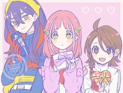 Rule 34 | 3girls, :d, black hair, blue jacket, blueberry academy school uniform, box, braid, brown eyes, brown hair, cardigan, carmine (pokemon), closed mouth, colored inner hair, crossed bangs, gift, gift box, gloves, hair between eyes, hair ornament, hairband, hairclip, heart, heart-shaped box, highres, holding, holding gift, jacket, juliana (pokemon), lacey (pokemon), long hair, long sleeves, looking at viewer, medium hair, mole, mole under eye, multicolored hair, multiple girls, nintendo, open mouth, pink background, pink cardigan, pink hair, pokemon, pokemon sv, red gloves, red hair, school uniform, shinogo no, shirt, single braid, single glove, smile, two-tone hair, upper body, valentine, white shirt, yellow eyes, yellow hairband