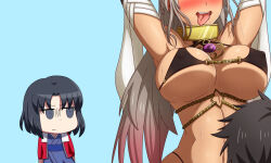 Rule 34 | 1boy, 2girls, arms up, bare shoulders, bikini, black bikini, black hair, blush, breasts, chain, chibi, cleavage, covered erect nipples, dark-skinned female, dark skin, fate/grand order, fate (series), fujimaru ritsuka (male), grey hair, hasebe akira, highleg, highleg bikini, jewelry, large breasts, long hair, multiple girls, navel, neck ring, open mouth, ryougi shiki, sexually suggestive, short hair, swimsuit, tongue, tongue out, very long hair, zenobia (fate)