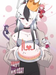5girls ;d ^_^ artist_name aru_(blue_archive) aru_(dress)_(blue_archive) birthday_cake black_bow black_choker black_dress black_hair black_horns blue_archive blue_dress bow brown_cardigan cake cardigan chibi choker closed_eyes collarbone commentary crown demon_horns dress ear_piercing english_commentary english_text exe.31 feather_boa floating food fork gold_crown gradient_background grey_halo hair_between_eyes hair_bow hair_ornament hairclip halo happy_birthday haruka_(blue_archive) haruka_(dress)_(blue_archive) highres holding holding_fork holding_plate horns kayoko_(blue_archive) kayoko_(dress)_(blue_archive) long_hair mini_person minigirl multicolored_hair multiple_girls mutsuki_(blue_archive) mutsuki_(dress)_(blue_archive) nightgown official_alternate_costume one_eye_closed open_cardigan open_clothes open_mouth pendant_choker piercing pink_background plate purple_hair purple_halo red_dress red_eyes red_hair red_halo simple_background single_off_shoulder sleeveless sleeveless_dress smile streaked_hair tsurime two-tone_hair white_hair