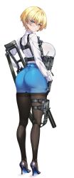 1girl absurdres ass belt black_footwear black_gloves black_pantyhose blonde_hair blue_eyes blue_skirt blush bra_visible_through_clothes breasts chest_harness commentary_request full_body girls&#039;_frontline gloves harness high_heels highres huge_breasts long_sleeves looking_at_viewer looking_back miniskirt mole mole_under_eye pantyhose pencil_skirt shirokuma_a shirt short_hair simple_background skin_tight skirt solo taut_clothes taut_skirt thigh_belt thigh_strap utility_belt vsk-94 vsk-94_(girls&#039;_frontline) white_background white_shirt