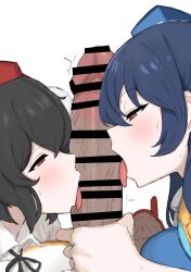 Rule 34 | 1boy, 2girls, absurdres, bar censor, black hair, blue hair, blue hat, blush, brown eyes, censored, commentary request, cooperative fellatio, erection, fellatio, hat, hetero, highres, iizunamaru megumu, kumiyabe, licking, licking penis, multiple girls, oral, paid reward available, penis, penis focus, red eyes, red hat, shameimaru aya, short hair, simple background, sweat, teamwork (sexual), textless version, tokin hat, tongue, tongue out, touhou, white background