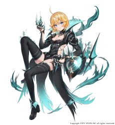 1girl ahoge annette_(king&#039;s_raid) arm_up armor bat_wings black_claws black_dress black_shoes black_thighhighs blonde_hair blue_eyes breasts claws cleavage clothing_cutout commentary dress drone full_body highres invisible_chair king&#039;s_raid leg_up medium_hair milyu mystical_high_collar official_alternate_costume official_art shoes shoulder_armor side_cutout simple_background sitting small_breasts smile solo thighhighs white_background wings