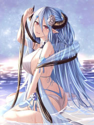 1girl absurdres blue_hair blush breasts draph granblue_fantasy highres horns izmir kanpyou_(hghgkenfany) kneeling large_breasts light_blue_hair long_hair official_alternate_costume partially_submerged pointy_ears red_eyes solo very_long_hair wet