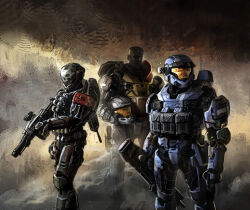 3boys absurdres ammunition_pouch armor assault_rifle assault_visor black_armor blue_armor bullpup carter-a259 dark-skinned_male dark_skin emile-a239 gun halo:_reach halo_(series) helmet highres holding holding_gun holding_weapon isaac_hannaford jorge-052 looking_at_viewer m739_saw ma5 multiple_boys official_art orange_visor pouch power_armor rifle shoulder_armor skull_print smoke spartan_(halo) standing unworn_headwear weapon yellow_armor