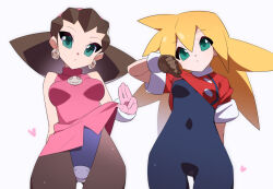 Rule 34 | 2girls, bare shoulders, black bodysuit, black pantyhose, blonde hair, blue leotard, bodysuit, breasts, brown hair, clothes lift, cowboy shot, cropped jacket, dress, dress lift, earrings, green eyes, heart, jacket, jacket lift, jewelry, kaidou zx, leotard, medium breasts, medium hair, mega man (series), mega man legends (series), multiple girls, pantyhose, pink dress, red jacket, roll caskett (mega man), simple background, skull brooch, skull earrings, small breasts, tron bonne (mega man), white background