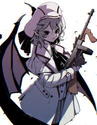 1girl alternate_costume artist_name ascot bat_wings beret black_ascot black_eyes black_gloves black_ribbon buttons coat collared_shirt commentary_request drum_magazine gloves gun hair_between_eyes hat high_collar holding holding_gun holding_weapon jacket long_sleeves looking_at_viewer mafia magazine_(weapon) open_clothes open_coat open_jacket parted_lips pointy_ears remilia_day remilia_scarlet ribbon shirt short_hair solo submachine_gun tami_(joemanyodw) thompson_submachine_gun touhou weapon white_background white_coat white_hat white_jacket white_shirt wings