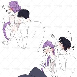 1boy 1girl ^_^ argyle_background black_hair black_pants blank_eyes blush braid braided_ponytail camisole clenched_teeth closed_eyes commentary_request crop_top ear_blush forehead grabbing_another&#039;s_hair grey_camisole hetero highres holding_another&#039;s_arm jinu_(kpop_demon_hunters) kissing_back kpop_demon_hunters laughing long_hair multiple_views nose_blush pants purple_hair rmflarp_eks rumi_(kpop_demon_hunters) shirt smile t-shirt teeth v-shaped_eyebrows veins veiny_hands very_long_hair watermark white_shirt