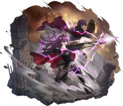 Rule 34 | 1boy, 1girl, absurdres, aiming, arm shield, black boots, black cape, black hairband, boots, border, bow (weapon), brother and sister, cape, crossbow, crossed bangs, dress, fading border, game cg, gloves, hairband, highres, holding, holding crossbow, holding weapon, knee guards, long hair, nergal (sword of convallaria), non-web source, nungal (sword of convallaria), official art, on one knee, one eye closed, pantyhose, profile, purple eyes, purple hair, red cape, short dress, short hair, siblings, solo, sword of convallaria, transparent border, two-sided cape, two-sided fabric, weapon, white gloves