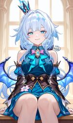 1girl blue_dress blue_eyes blue_hair breasts cerydra_(honkai:_star_rail) commentary crown detached_sleeves dress hair_intakes highres honkai:_star_rail honkai_(series) indoors long_hair looking_at_viewer medium_breasts mini_crown sitting smile solo thighs wings zhaohua