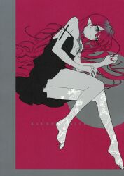 1girl absurdres baobhan_sith_(fate) bare_shoulders black_dress breasts character_name dress fate/grand_order fate_(series) full_body grey_eyes highres lace lace_socks lace_thighhighs long_hair lying mochizuki_kei non-web_source on_side pink_hair pointy_ears scan single_thighhigh solo thighhighs