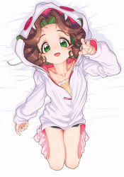 1girl absurdres aya_shachou breasts brown_hair chinese_zodiac full_body green_eyes green_hair highres hood hoodie looking_at_viewer loose_socks lying morino_megumi_(aya_shachou) multicolored_hair on_back open_mouth original small_breasts smile snake_hood socks solo two-tone_hair v variant_set year_of_the_snake