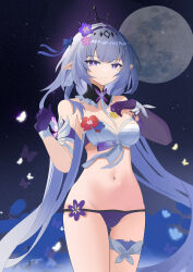 1girl absurdres asymmetrical_gloves bikini black_tiara breasts bug butterfly castorice_(honkai:_star_rail) chinese_commentary commentary_request flower full_body gloves hair_flower hair_ornament highres honkai:_star_rail honkai_(series) insect long_hair looking_at_viewer medium_breasts mismatched_bikini navel night night_sky npp_(artist) outdoors pointy_ears purple_bikini purple_eyes purple_gloves purple_hair sky smile solo star_(sky) starry_sky stomach swimsuit thighs tiara uneven_gloves very_long_hair white_bikini