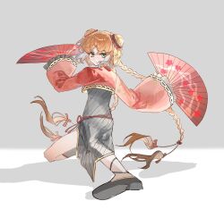 Rule 34 | 1girl, black shoes, bochishiraita, bow, braid, china dress, chinese clothes, dress, family hierarch candidate (identity) (project moon), frilled sleeves, frills, from side, green eyes, grey background, hair bow, hair bun, hair ribbon, hair tie, hand fan, highres, holding, holding fan, ishmael (project moon), limbus company, line of action, long hair, looking at viewer, orange hair, project moon, ribbon, rope belt, shadow, shoes, sidelocks, solo, swept bangs, twin braids, very long hair