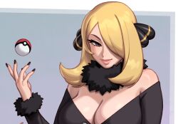 1girl alternate_breast_size bare_shoulders black_nails blonde_hair breasts cleavage coat cynthia_(pokemon) fingernails fur_collar grey_eyes hair_ornament hair_over_one_eye hand_up large_breasts long_sleeves looking_at_viewer low_neckline nail_polish nintendo off-shoulder_coat off_shoulder poke_ball poke_ball_(basic) pokemon pokemon_dppt riz rizu-kyun smile solo tossing unfinished upper_body