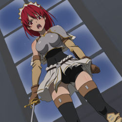 Rule 34 | 00s, 1girl, aria (magic sword), aria (seiken no blacksmith), armor, blush, cecily cambell, elbow gloves, female focus, gloves, kanna asuke, open mouth, red hair, seiken no blacksmith, shouting, solo, sword, thighhighs, weapon
