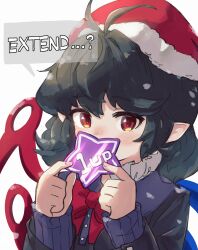 1girl 1up asymmetrical_wings black_dress black_hair blue_wings blush dress hat houjuu_nue long_sleeves pointy_ears red_eyes red_hat red_wings santa_hat short_hair solo touhou uisu_(noguchipint) upper_body wings
