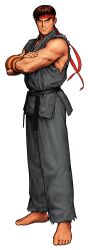 1boy absurdres black_hair capcom capcom_vs_snk_2 crossed_arms dark_persona dougi evil_ryu fingerless_gloves game_cg gloves hand_guard headband highres karate_gi looking_to_the_side male_focus martial_arts_belt mma_gloves mori_toshiaki muscular muscular_male non-web_source official_art red_eyes red_headband ryu_(street_fighter) short_hair simple_background smile solo street_fighter torn_clothes torn_sleeves white_background
