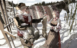 1boy 2girls absurdres aged_down axis_powers_hetalia belarus_(hetalia) bird blonde_hair blush bow brother_and_sister carrying child child_carry cloud coat day dress fence fur_hat grey_sky hair_bow hat headscarf highres horse hunting jewelry long_sleeves multiple_girls musan312 necklace open_mouth outdoors rabbit russia_(hetalia) scarf shirt siblings sisters sky slavic_clothes smile snow tree ukraine_(hetalia) ushanka winter