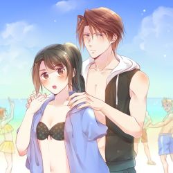 2girls 3boys bikini black_bikini black_hair blonde_hair breasts brown_hair closed_mouth cloud collarbone final_fantasy final_fantasy_viii flipped_hair irvine_kinneas long_hair looking_at_viewer maimi_ff multiple_boys multiple_girls open_mouth rinoa_heartilly selphie_tilmitt short_hair skirt smile squall_leonhart swimsuit zell_dincht