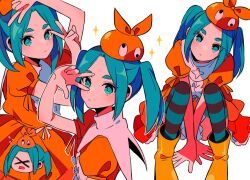 Rule 34 | 1girl, blue eyes, blue hair, boots, brown thighhighs, capelet, closed mouth, commentary request, double v, dress, green thighhighs, hand up, hands up, hat, knees up, long hair, looking at viewer, monogatari (series), multiple views, ononoki yotsugi, orange dress, orange hat, parted bangs, rubber boots, sanamaru (sana79261827), simple background, sitting, solo, striped clothes, striped thighhighs, thick eyebrows, thighhighs, twintails, v, w, w over eye, white background, white capelet, yellow boots