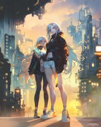 2girls belt black_choker blue_eyes breasts cellphone choker city earrings grey_hair highres holding holding_phone jacket jewelry long_hair looking_at_viewer medium_breasts midriff multiple_girls navel open_clothes open_jacket original parted_bangs phone red_eyes short_hair shukei smartphone standing wind