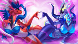 2girls alanscampos bikini black_sclera breasts colored_sclera furry furry_female heart_gesture highres koraidon large_breasts mechabare miraidon multiple_girls nintendo pokemon pokemon_(creature) reptile_girl swimsuit tail yellow_eyes