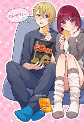 1boy 1girl :o arima_kana blonde_hair blue_eyes blush bob_cut chips_(food) couch food highres holding holding_food hood hoodie hoshino_aquamarine inverted_bob junjonta kneehighs legs medium_hair oshi_no_ko potato_chips red_eyes red_hair simple_background sitting socks tears thighs