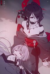 2girls ai-assisted bandaged_arm bandages black_hair blue_archive breasts gauze goth_fashion grey_hair hair_ornament halo highres japanese_clothes kimono kokuriko_(blue_archive) lap_pillow long_hair multiple_girls okashi_please open_mouth red_eyes red_halo shuro_(blue_archive) sleeping sleeping_on_person small_breasts