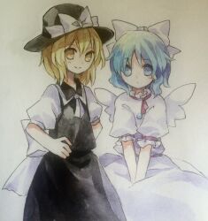 Rule 34 | 2girls, black headwear, black skirt, black vest, blue eyes, blue hair, bow, closed mouth, collared vest, commentary request, flat chest, frilled sleeves, frills, hair between eyes, hands on own hips, hat, hat bow, highres, kaigen 1025, mai (touhou), medium hair, multiple girls, neck ribbon, painting (medium), puffy short sleeves, puffy sleeves, ribbon, shirt, short sleeves, simple background, skirt, smile, touhou, touhou (pc-98), traditional media, vest, watercolor (medium), white background, white bow, white ribbon, white shirt, white skirt, white wings, wings, yuki (touhou)