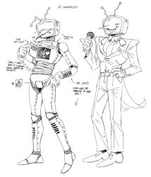 Rule 34 | 1boy, ant tenna, arrow (symbol), belt, belt buckle, blush, buckle, collared shirt, commentary, crt, deltarune, english commentary, english text, flying sweatdrops, full body, gloves, hand on own hip, highres, holding, holding microphone, humanoid robot, male focus, microphone, necktie, object head, open mouth, own hands together, pants, pinky out, pointy nose, reference sheet, robot, rubbing hands together, seraph111m, shirt, shoes, simple background, smile, soul (deltarune), tailcoat, teeth, tongue, tongue out, twitter username