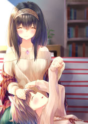 2girls absurdres animal_ears black_hair blush breasts brown_hair cat_ears closed_eyes commentary_request fang hairband highres idolmaster idolmaster_cinderella_girls jewelry lap large_breasts long_hair maekawa_miku megurumiru multiple_girls off-shoulder off-shoulder_sweater off_shoulder pendant ribbed_sweater sagisawa_fumika shawl short_hair sweater