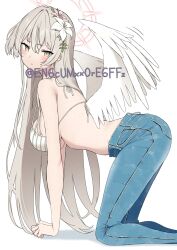 1girl absurdres adversarial_noise all_fours alternate_costume angel_wings bare_arms bare_shoulders bikini bikini_top_only blue_archive blue_pants blush braid breasts brown_hair casual closed_mouth commentary crown_braid curled_fingers denim feathered_wings feet_out_of_frame flower furrowed_brow hair_between_eyes hair_flower hair_ornament halo highres jeans large_breasts long_hair looking_at_viewer nagisa_(blue_archive) on_floor pants pink_flower pink_halo pout simple_background solo striped_bikini striped_clothes swimsuit twitter_username very_long_hair white_background white_bikini white_flower white_wings wings yamano_rokamizu yellow_eyes