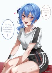 1girl :d absurdres anal anal_object_insertion black_leotard blue_eyes blue_hair blush clothes_writing crop_top dildo dwadessu earrings english_text highres hololive hololive_dance_practice_uniform hoshimachi_suisei jewelry leotard leotard_under_clothes looking_at_viewer object_insertion open_mouth sex_toy short_shorts shorts side_ponytail sitting smile solo speech_bubble star_(symbol) star_earrings star_in_eye sweat symbol_in_eye thighs trembling virtual_youtuber wristband x-ray
