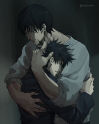 2boys absurdres black_background black_hair black_jacket clenched_teeth commentary crying english_commentary father_and_son fushiguro_megumi fushiguro_touji hand_on_another&#039;s_head highres hug jacket jujutsu_kaisen jujutsu_tech_uniform light_smile male_focus multiple_boys sweater tears teeth tododoodles twitter_username upper_body white_sweater