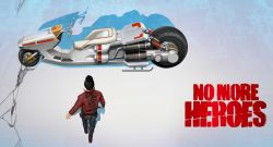 1boy akira_(manga) bicycle black_hair energy_sword gloves highres jacket male_focus no_more_heroes official_art parody red_jacket short_hair simple_background solo sunglasses sword travis_touchdown weapon