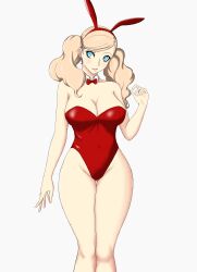 1girl absurdres animal_ear_hairband animal_ears bare_arms bare_legs bare_shoulders blonde_hair blue_eyes bow bowtie breasts cleavage covered_navel cowboy_shot detached_collar earrings fake_animal_ears groin hairband hand_up highres jewelry large_breasts leotard long_hair looking_at_viewer nahone_peko parted_lips persona persona_5 playboy_bunny rabbit_ear_hairband rabbit_ears red_bow red_bowtie red_leotard simple_background solo stud_earrings takamaki_anne thigh_gap twintails wavy_hair white_background