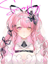1girl black_ribbon braid breasts cleavage closed_mouth cross cross_earrings dress earrings hair_ornament hair_ribbon hairband heterochromia highres jewelry long_hair looking_at_viewer original pink_eyes pink_hair ribbon simple_background solo upper_body veil virtual_youtuber white_background white_dress yellow_eyes yuanyi163