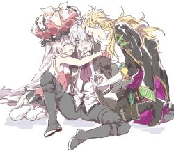 Rule 34 | 1girl, 2boys, @ @, absurdres, ascot, bare shoulders, bisexual male, black boots, black coat, black jacket, black pants, black shirt, black skirt, blonde hair, blue eyes, blush, boots, bow, charles-henri sanson (fate), chinese commentary, closed eyes, coat, embarrassed, fate/grand order, fate (series), frilled hat, frills, full body, gloves, gold trim, hair between eyes, hair slicked back, hat, hat bow, highres, holding hands, hug, jacket, jacket on shoulders, knee boots, knee up, light blush, long hair, long sleeves, marie antoinette (fate), multiple boys, nervous smile, on one knee, open clothes, open coat, open mouth, pants, popped collar, purple ascot, red gloves, red hat, red shirt, redoxhn, shirt, short hair, simple background, sitting, skirt, sleeveless, sleeveless shirt, smile, thigh boots, twintails, white background, white boots, white bow, white gloves, white hair, white shirt, wolfgang amadeus mozart (fate), yokozuwari