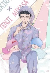 Rule 34 | 1girl, 2boys, angel wings, black eyes, black hair, blue hair, blush, chibi, closed mouth, cloud, crossover, d4u4a-vvvats, glasses, gloves, hairband, hand up, highres, holding, holding gloves, holding unworn clothes, kiki (little twin stars), lala (little twin stars), light blush, little twin stars, long hair, looking down, mikasa tenji, multiple boys, pajamas, pink hair, red hairband, sanrio, serious, short hair, sitting, sitting on cloud, sitting on person, smile, tomodachi game, unworn gloves, very long hair, wings