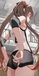 1girl adjusting_clothes adjusting_shorts alternate_costume armpits arms_behind_back ass brown_eyes brown_hair elbow_pads genshin_impact gym_uniform hair_ornament highres hu_tao_(genshin_impact) indoors kabu_usagi long_hair shirt short_shorts shorts signature sleeveless sleeveless_shirt solo sweat
