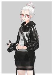 Rule 34 | 1girl, albino, black-framed eyewear, border, camera, casual, cowboy shot, double vertical stripe, earrings, female focus, fishnet fabric, flat chest, glasses, grey background, hair bun, heavily armed high school girls, hood, hoodie, jewelry, long hair, looking at viewer, neco, original, outside border, red eyes, shi (heavily armed high school girls), short hair, simple background, single-lens reflex camera, single hair bun, skirt, solo, standing, strap, white border, white hair