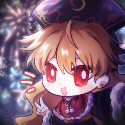 1girl belt black_dress black_hat black_sky blurry blurry_background blush capelet chibi chibi_only chinese_clothes chinese_commentary commentary_request crescent crescent_print dalachi_(headdress) dress earrings fireworks fishbowl_meguri fur-trimmed_capelet fur_trim hair_between_eyes hand_up hat jewelry junko_(touhou) long_hair long_sleeves looking_at_viewer neck_ribbon night notice_lines open_mouth orange_hair outdoors pom_pom_(clothes) red_capelet red_eyes red_tabard ribbon sky smile solo tabard tassel touhou upper_body v wavy_hair wide_sleeves yellow_ribbon