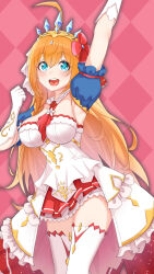 1girl absurdres ahoge arm_up blue_eyes breasts cleavage cowboy_shot detached_sleeves gloves hair_ribbon highres huge_ahoge kamikili large_breasts long_hair open_mouth orange_hair overskirt pecorine_(princess_connect!) princess_connect! ribbon solo teeth thighhighs tiara upper_teeth_only very_long_hair white_gloves white_thighhighs