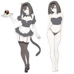 1girl ;) alternate_costume apron arknights arms_behind_back bare_shoulders barefoot black_dress black_eyes black_hairband black_shoes black_tail black_tube_top breasts brown_hair brown_thighhighs cameltoe cleavage cleavage_cutout closed_mouth clothing_cutout commentary crop_top dr.deims_(dim5s) drawn_ears dress english_commentary enmaided frilled_apron frilled_dress frills full_body garter_straps gloves hairband heart heart_cutout highres holding holding_plate large_breasts light_smile looking_at_viewer maid medium_hair multiple_views navel one_eye_closed plate pleated_dress priestess_(arknights) puffy_short_sleeves puffy_sleeves shoes short_sleeves simple_background smile split_mouth standing strapless tail thighhighs tube_top waist_apron white_apron white_background white_gloves