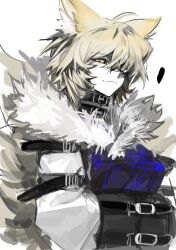 Rule 34 | 1girl, absurdres, alternate costume, animal ears, blonde hair, blue tabard, crossed arms, dress, fox ears, fox girl, fox tail, fur trim, hair between eyes, highres, koumajou densetsu, koumajou densetsu 2, long sleeves, looking at viewer, medium hair, multiple tails, solo, tabard, tail, touhou, white background, white dress, xian qishui, yakumo ran
