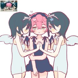 Rule 34 | !?, 3girls, alien stage, angel wings, black dress, black hair, black hairband, black wings, blue eyes, coldmeow, commentary, demon wings, dress, dual persona, english commentary, girl sandwich, green eyes, hair ribbon, hairband, hand on own arm, highres, holding hands, medium hair, mizi (alien stage), multiple girls, official alternate costume, photo inset, pink hair, ribbon, sandwiched, short hair, sleeveless, sleeveless dress, sua (alien stage), white ribbon, white wings, wings